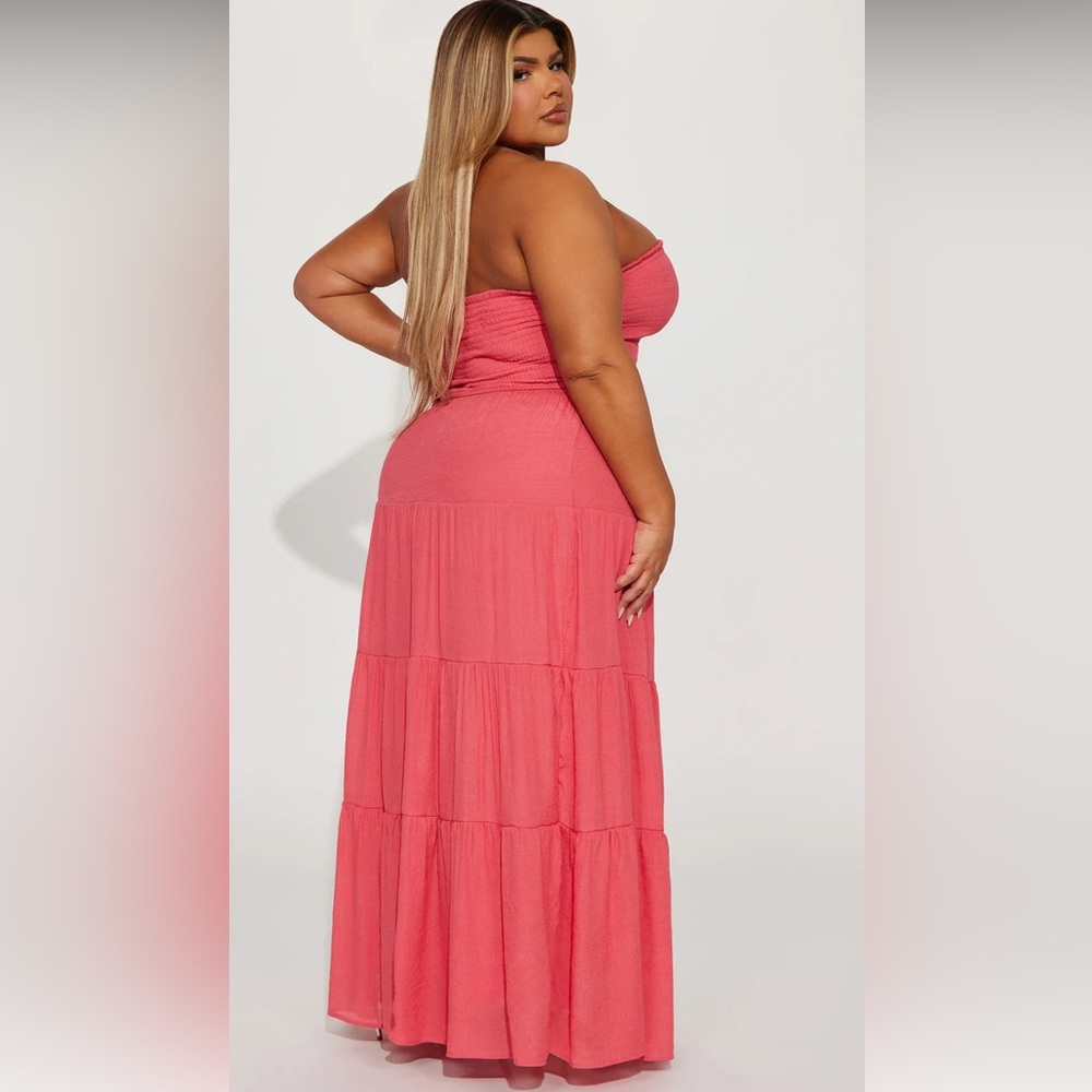 Fashion Nova Lost In Paradise Skirt Set  in Hot Pink Strapless Coral Maxi Dress